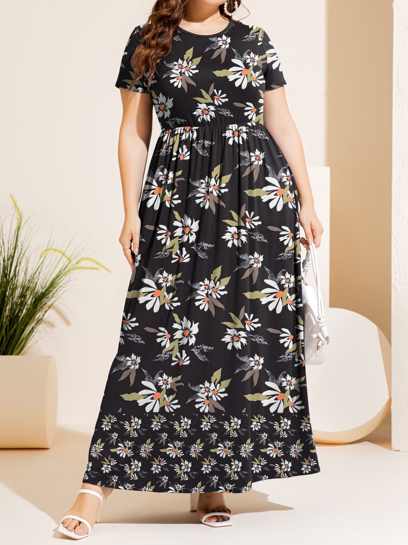 swvws Plus Size Printed Round Neck Short Sleeve Maxi Dress