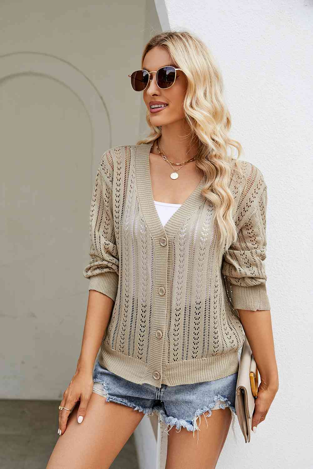 swvws Openwork Button Front V-Neck Cardigan