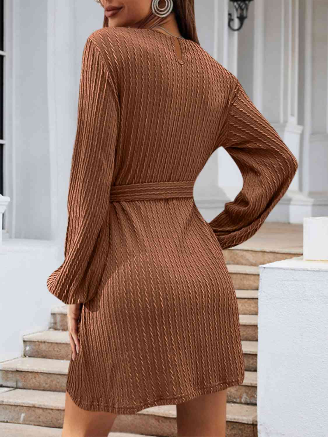 swvws Round Neck Tie Front Long Sleeve Dress