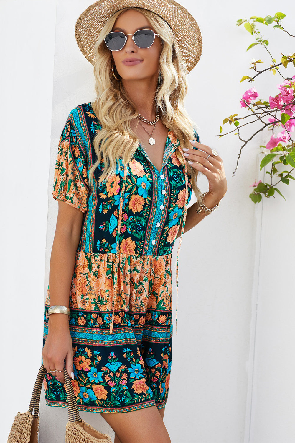 swvws Floral Multicolored Tie-Neck Romper