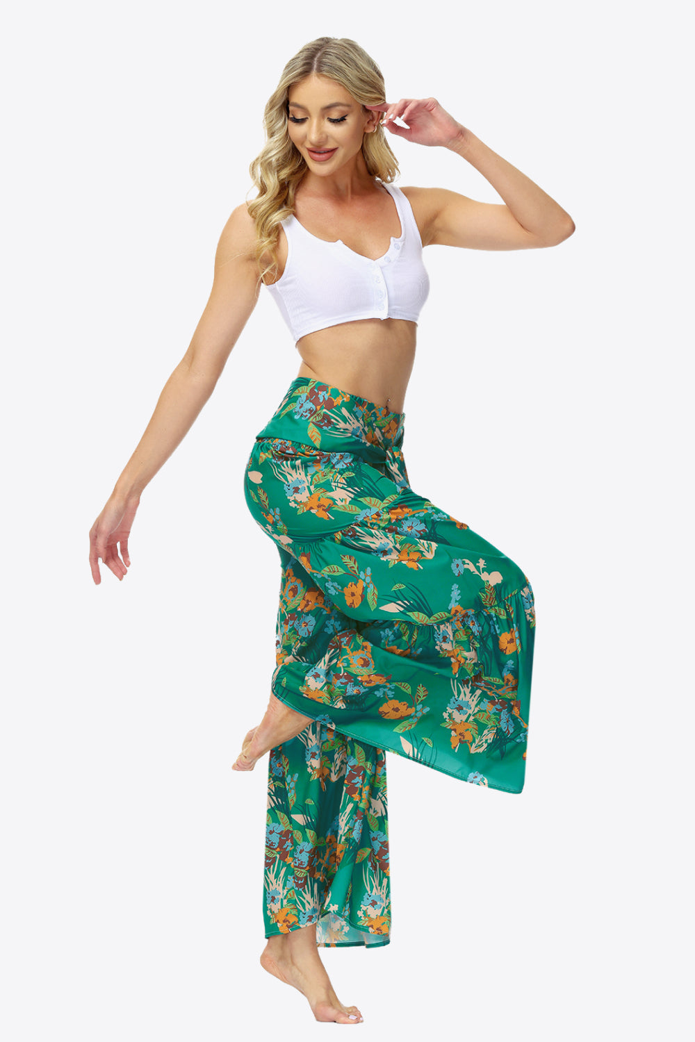 swvws Floral Tie-Waist Tiered Culottes