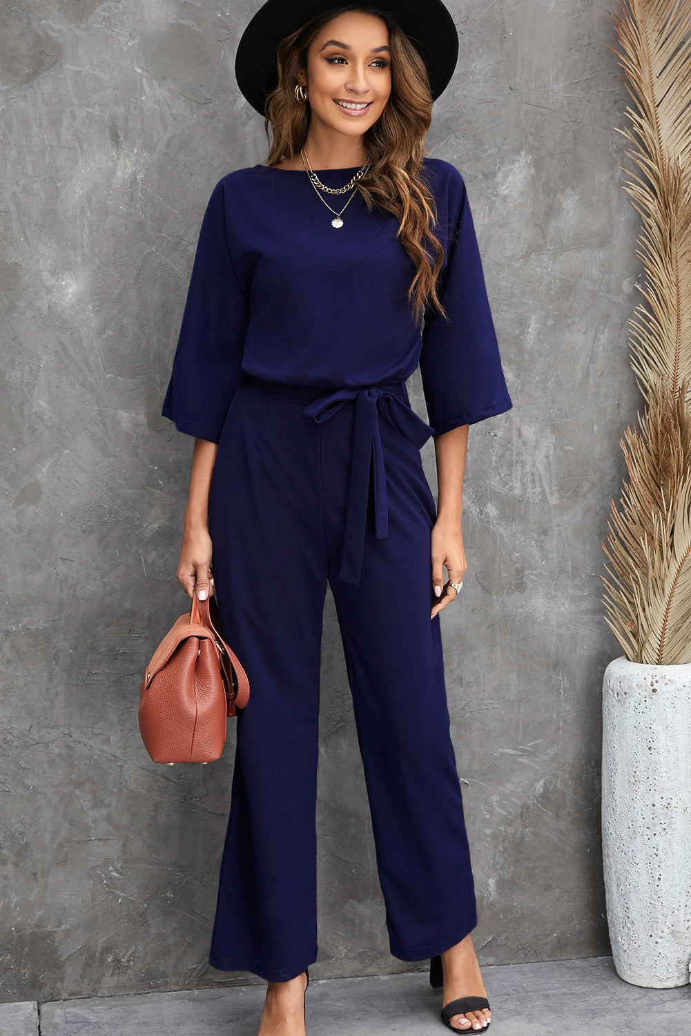 swvws Belted Three-Quarter Sleeve Jumpsuit