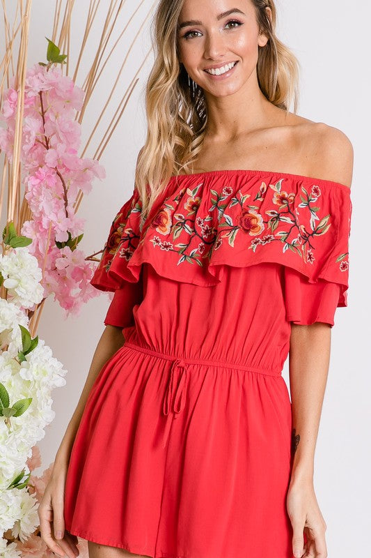 swvws Floral Embroidered Off Shoulder Romper