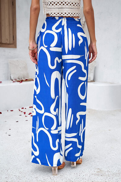 swvws Smocked Printed Wide Leg Pants with Pockets