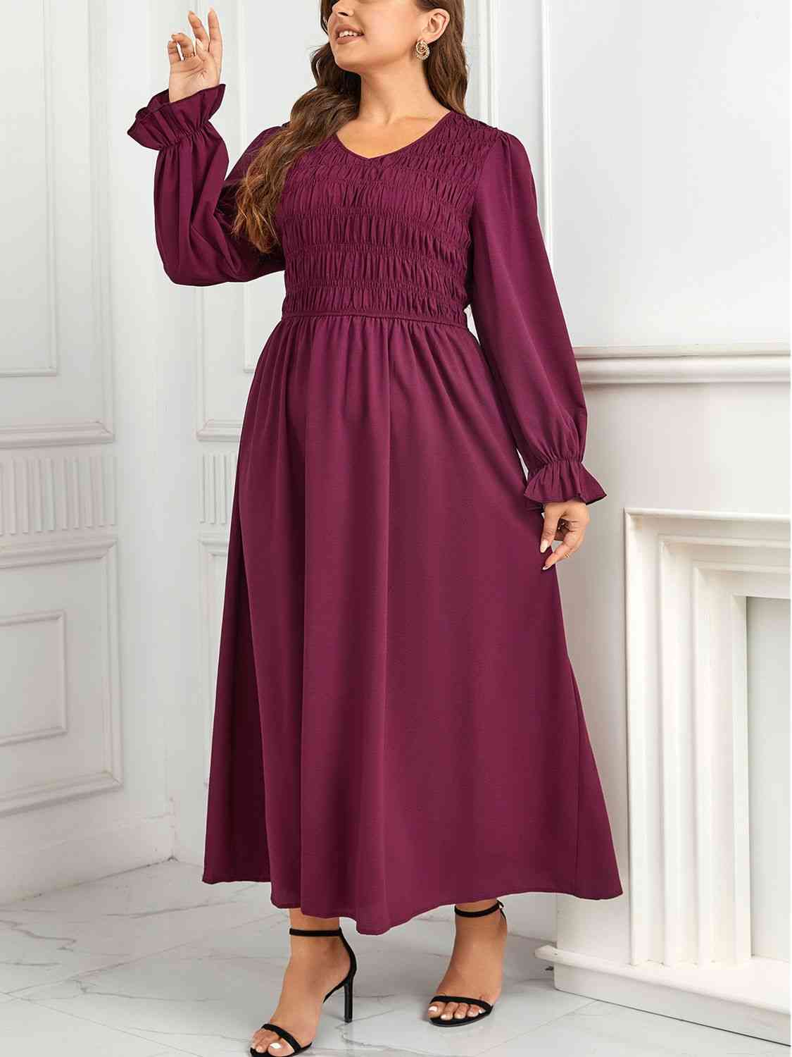 swvws Plus Size Flounce Sleeve Smocked Maxi Dress