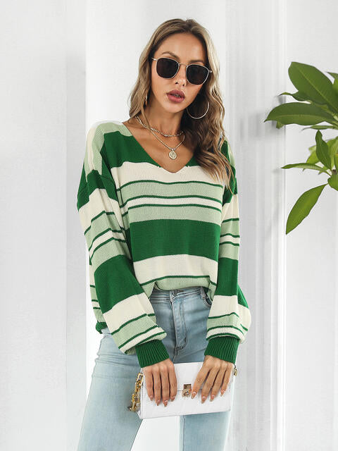 swvws Striped V-Neck Long Sleeve Knit Top