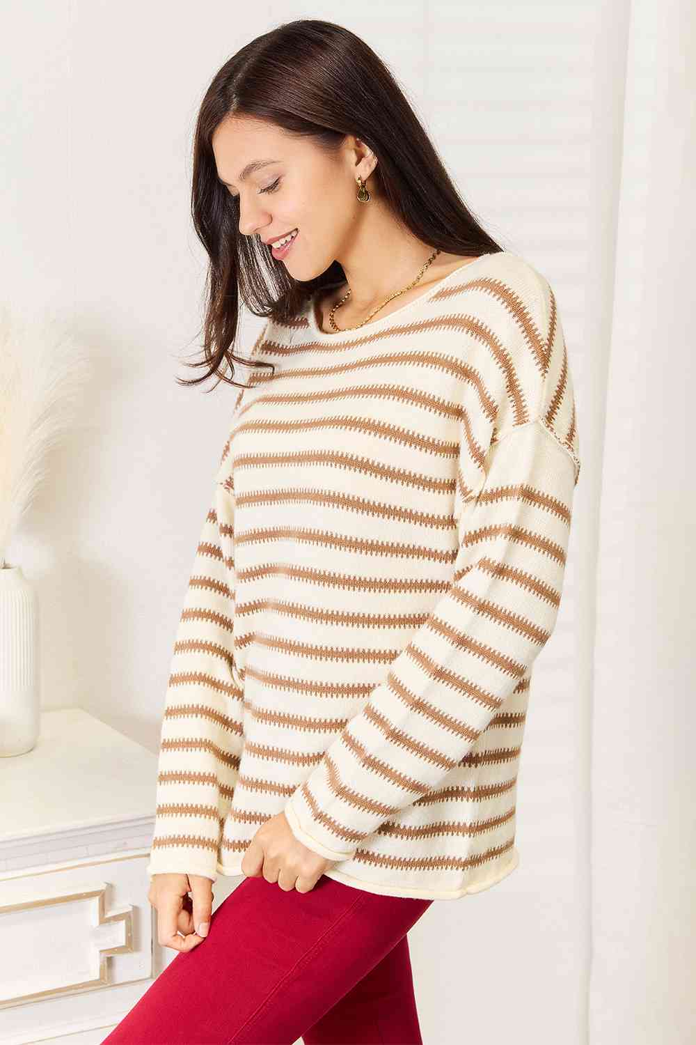 swvws Double Take Striped Boat Neck Sweater