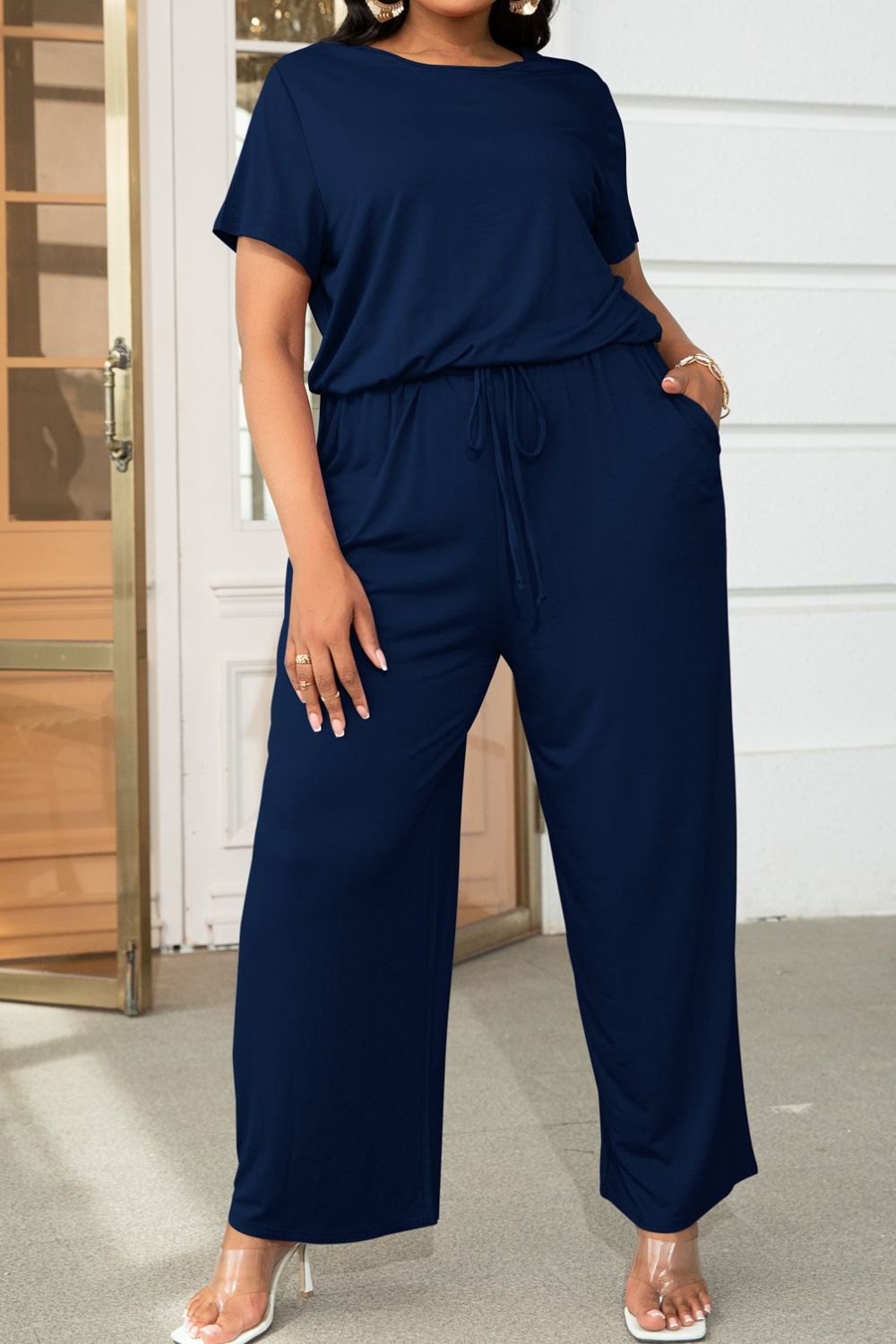 swvws Plus Size Drawstring Waist Short Sleeve Jumpsuit