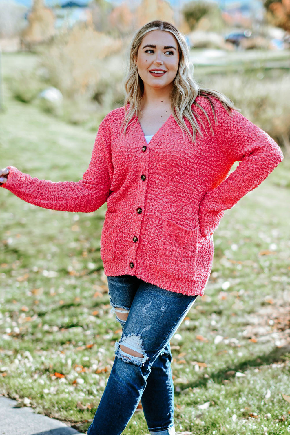 swvws Plus Size Button Down Cardigan with Pockets