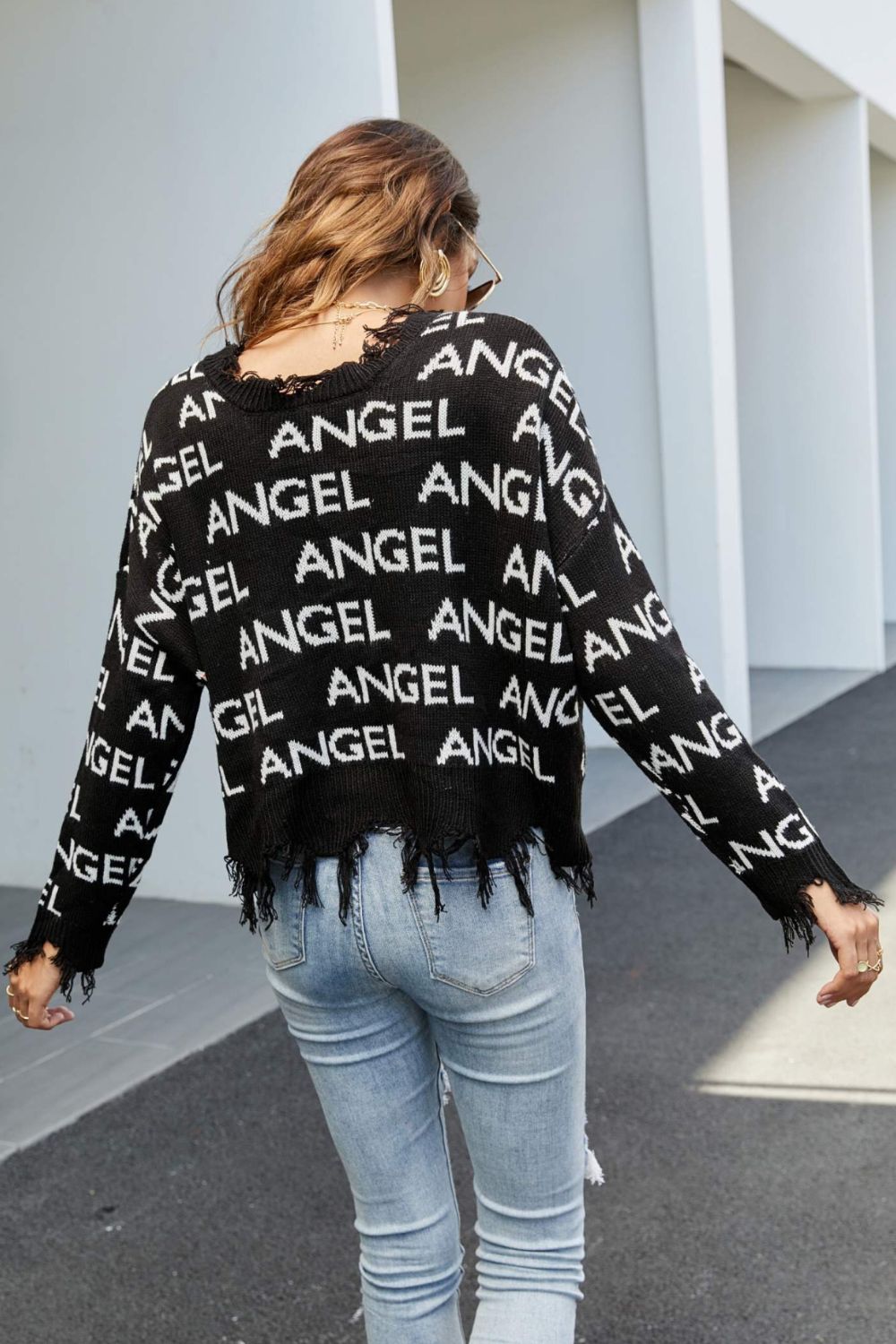 swvws ANGEL Distressed V-Neck Dropped Shoulder Sweater