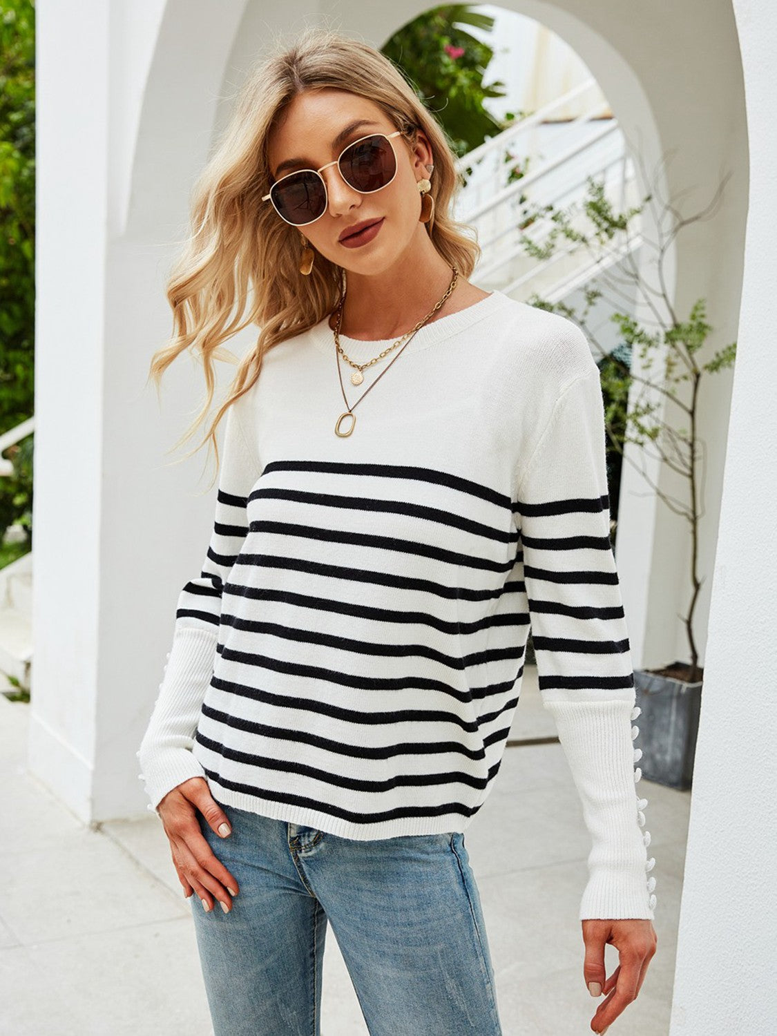 swvws Striped Decorative Button Knit Top