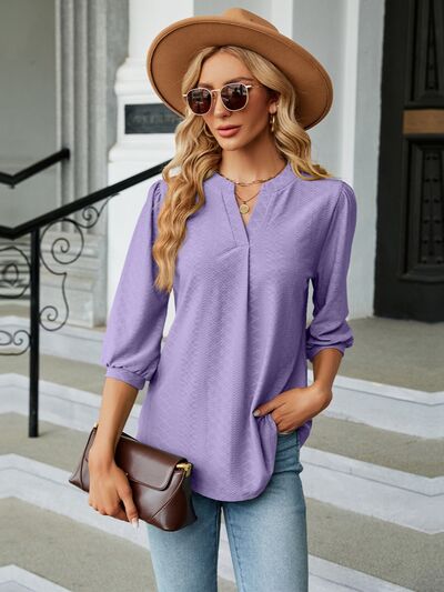 swvws Textured Notched Three-Quarter Sleeve Blouse