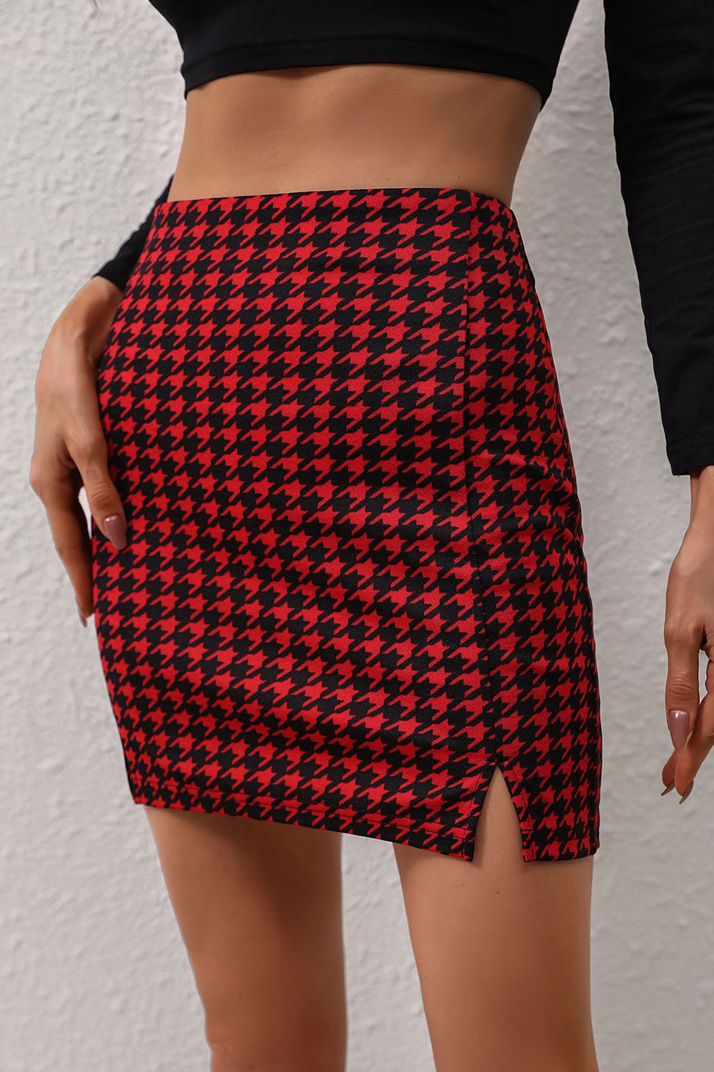 themeisles Houndstooth Slit Mini Skirt