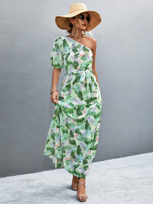 swvws Printed Tie Waist One Shoulder Maxi Dress