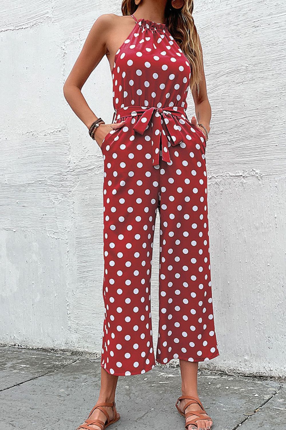 swvws Polka Dot Grecian Wide Leg Jumpsuit