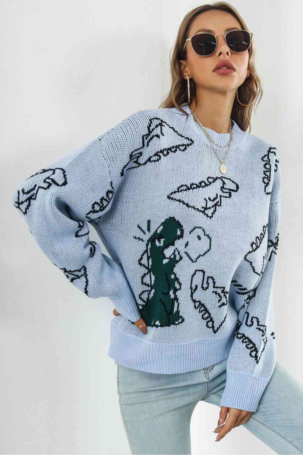 swvws Dinosaur Pattern Round Neck Sweater