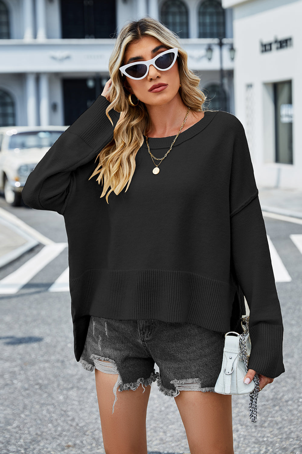 swvws Round Neck Dropped Shoulder Slit Sweater