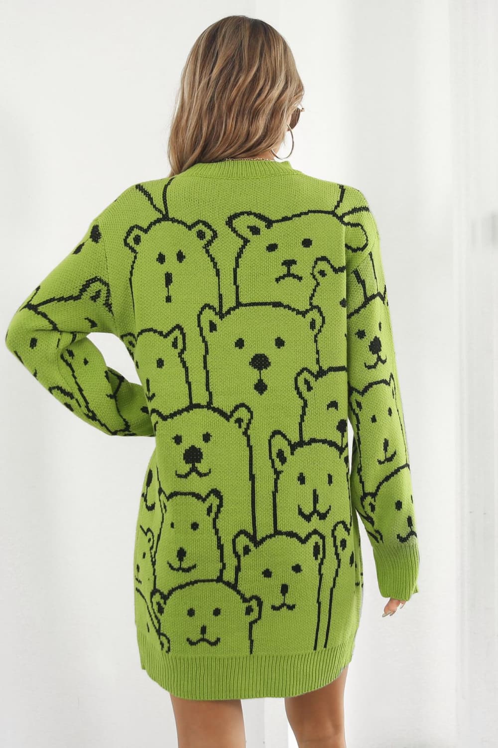 swvws Bear Pattern Round Neck Sweater Dress