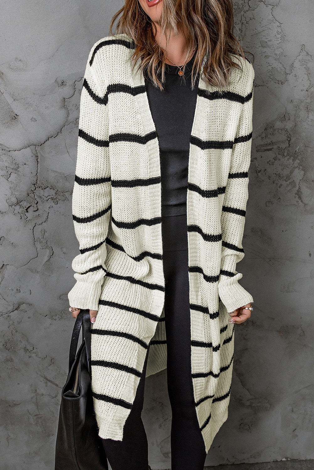 swvws Striped Open Front Rib-Knit Duster Cardigan