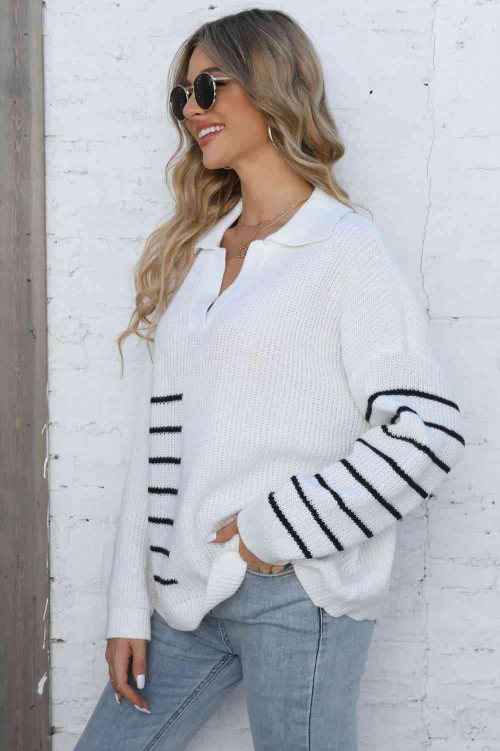 swvws Ribbed Notched Neck Striped Long Sleeve Sweater