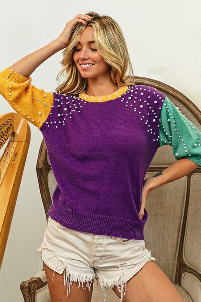 swvws BiBi Color Block Pearl Detail Round Neck Sweater