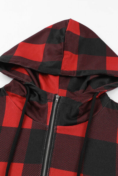 swvws Drawstring Plaid Half Zip Hoodie