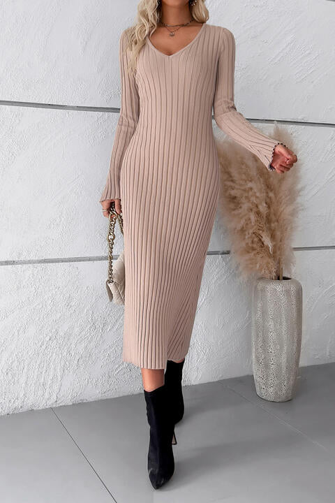 swvws V-Neck Long Sleeve Ribbed Sweater Dress