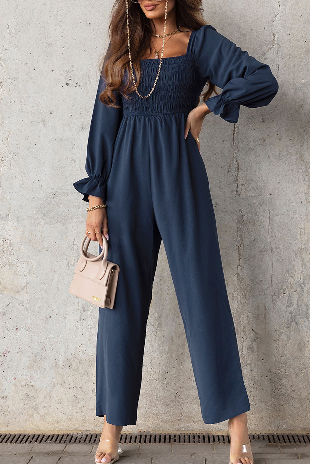 swvws Smocked Long Flounce Sleeve Square Neck Jumpsuit