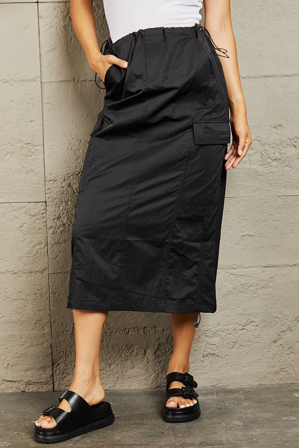 themeisles HYFVE Just In Time High Waisted Cargo Midi Skirt in Black