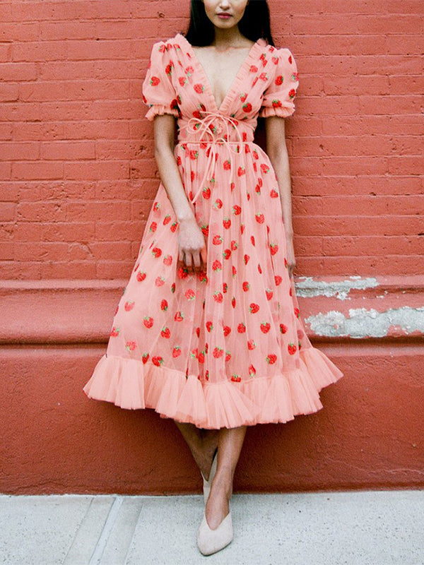 Sixsr Sequined Strawberry Mesh Pleated Maxi Dress