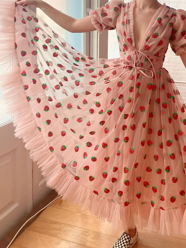 Sixsr Sequined Strawberry Mesh Pleated Maxi Dress