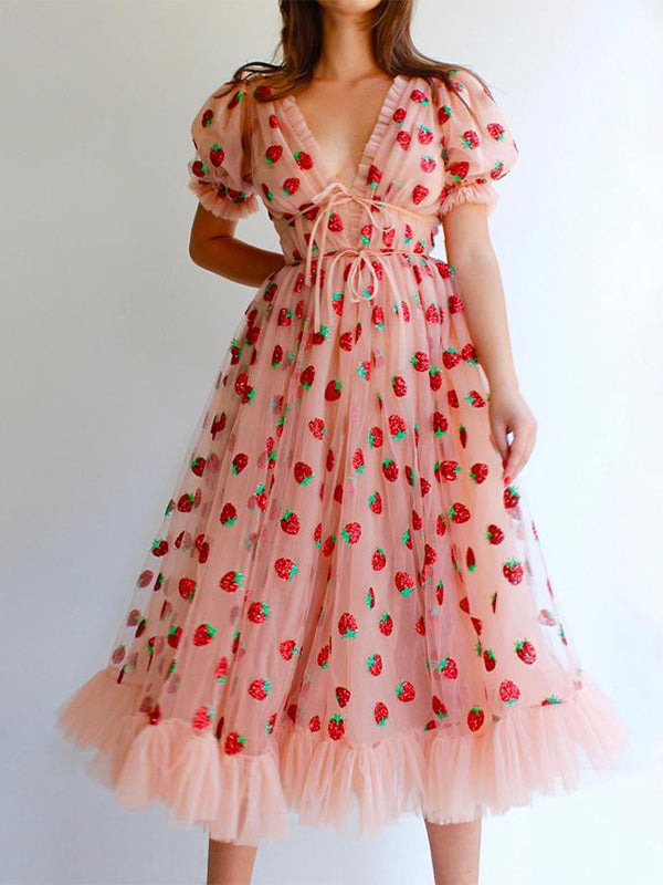 Sixsr Sequined Strawberry Mesh Pleated Maxi Dress