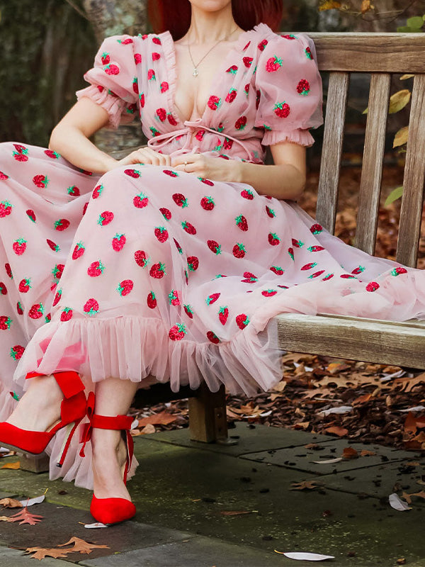 Sixsr Sequined Strawberry Mesh Pleated Maxi Dress