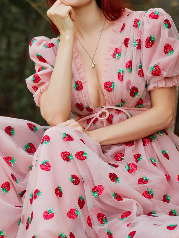 Sixsr Sequined Strawberry Mesh Pleated Maxi Dress