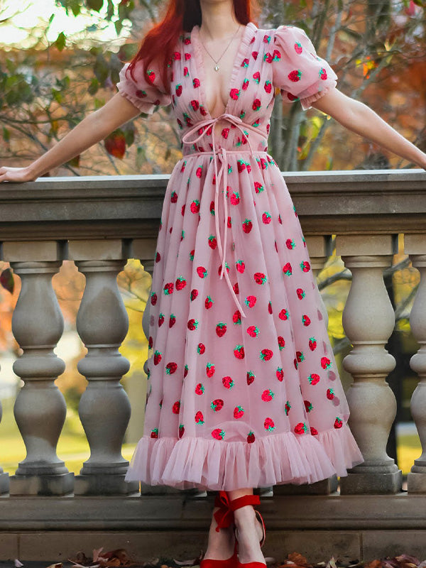 Sixsr Sequined Strawberry Mesh Pleated Maxi Dress