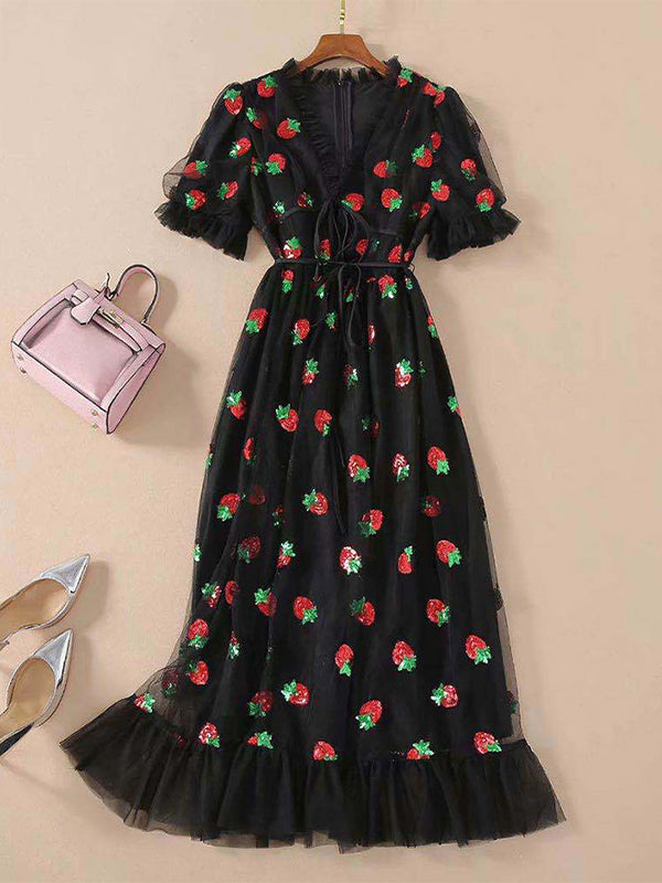 Sixsr Sequined Strawberry Mesh Pleated Maxi Dress