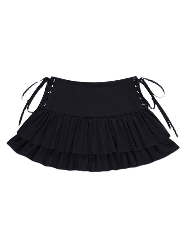 Sixsr Lace Up Tiered Mini Skirt