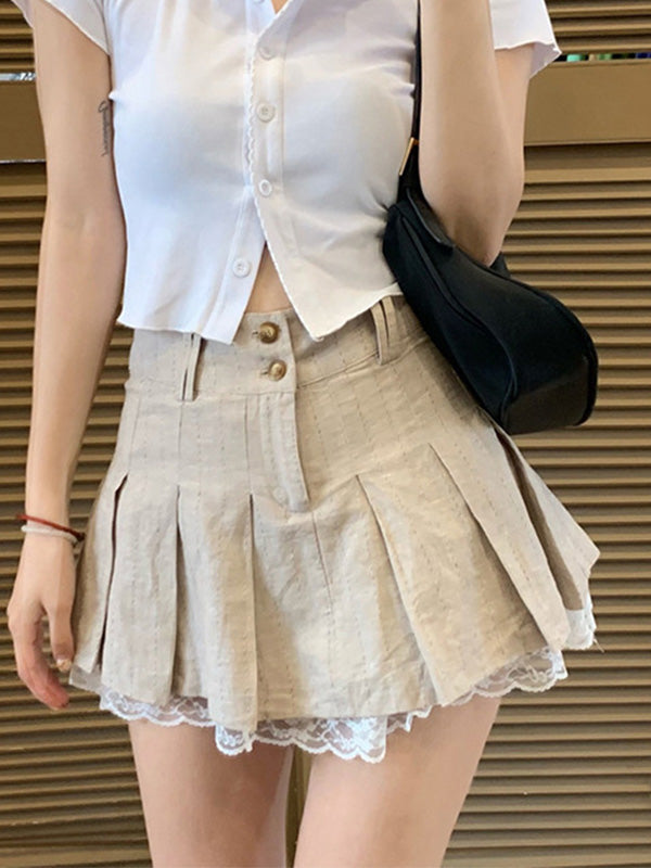 Sixsr Cotton Linen Pleated Mini Skirt