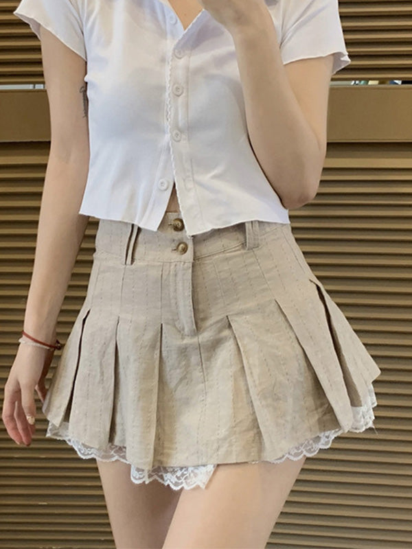 Sixsr Cotton Linen Pleated Mini Skirt