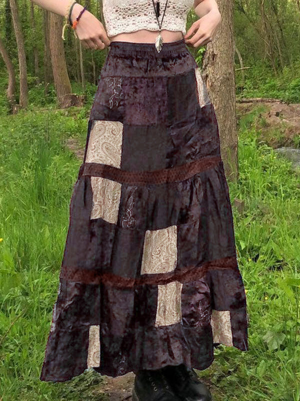 Sixsr Patchwork Velvet Printed Maxi Skirt