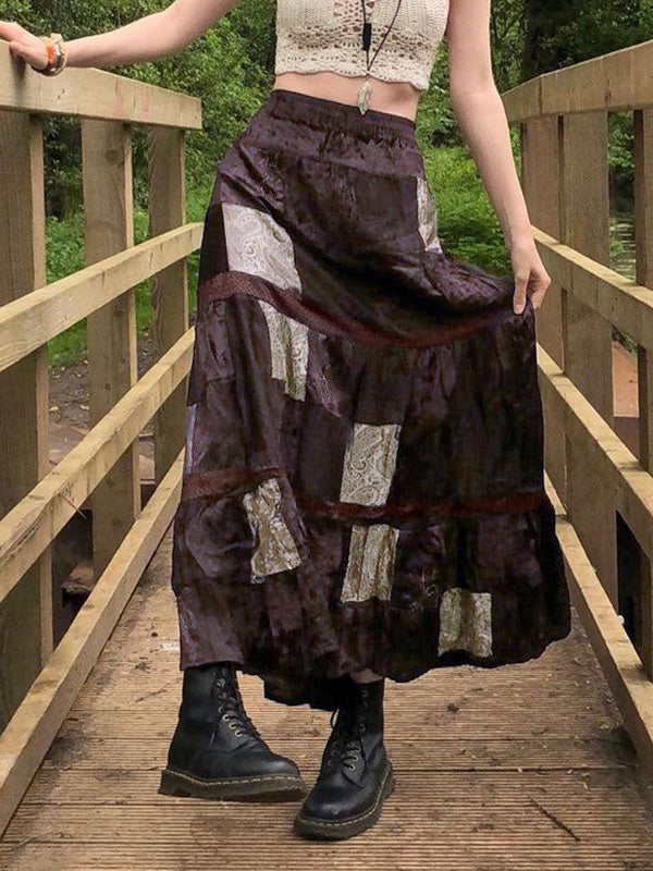 Sixsr Patchwork Velvet Printed Maxi Skirt