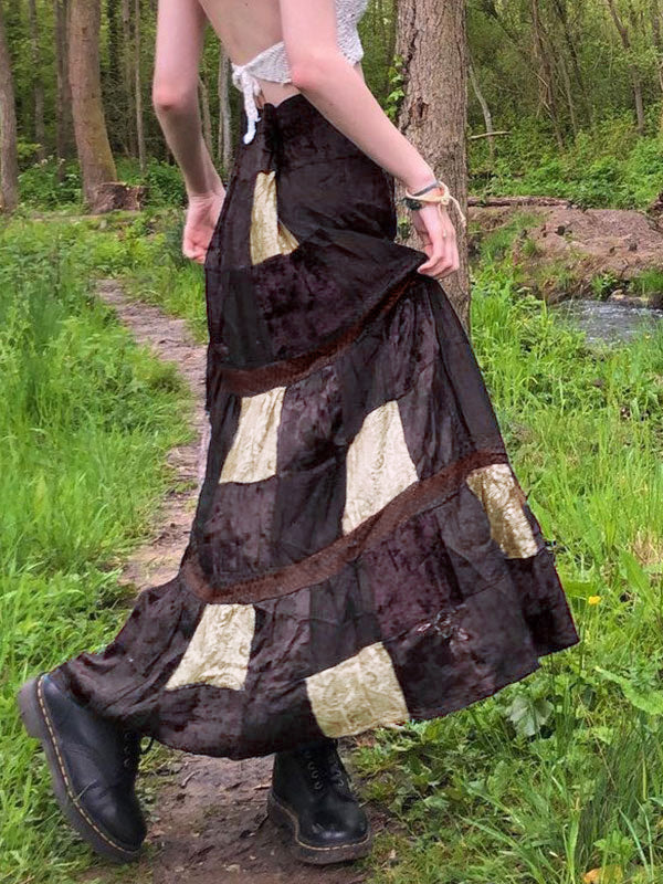 Sixsr Patchwork Velvet Printed Maxi Skirt