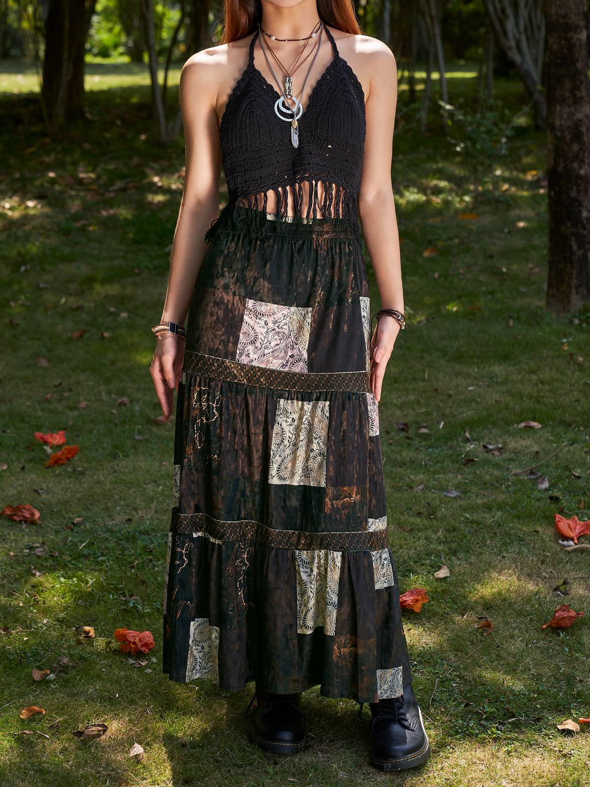 Sixsr Patchwork Velvet Printed Maxi Skirt