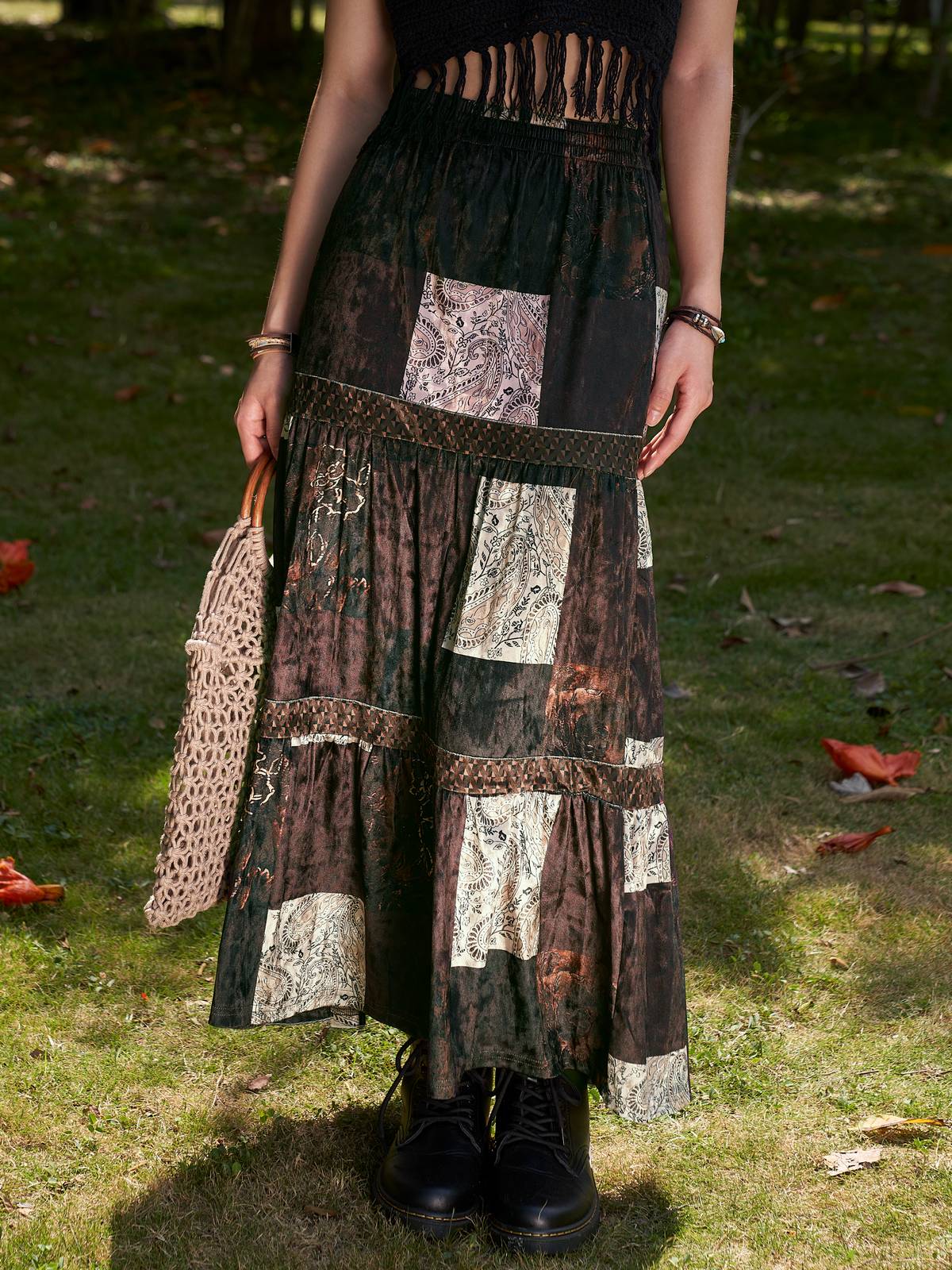 Sixsr Patchwork Velvet Printed Maxi Skirt