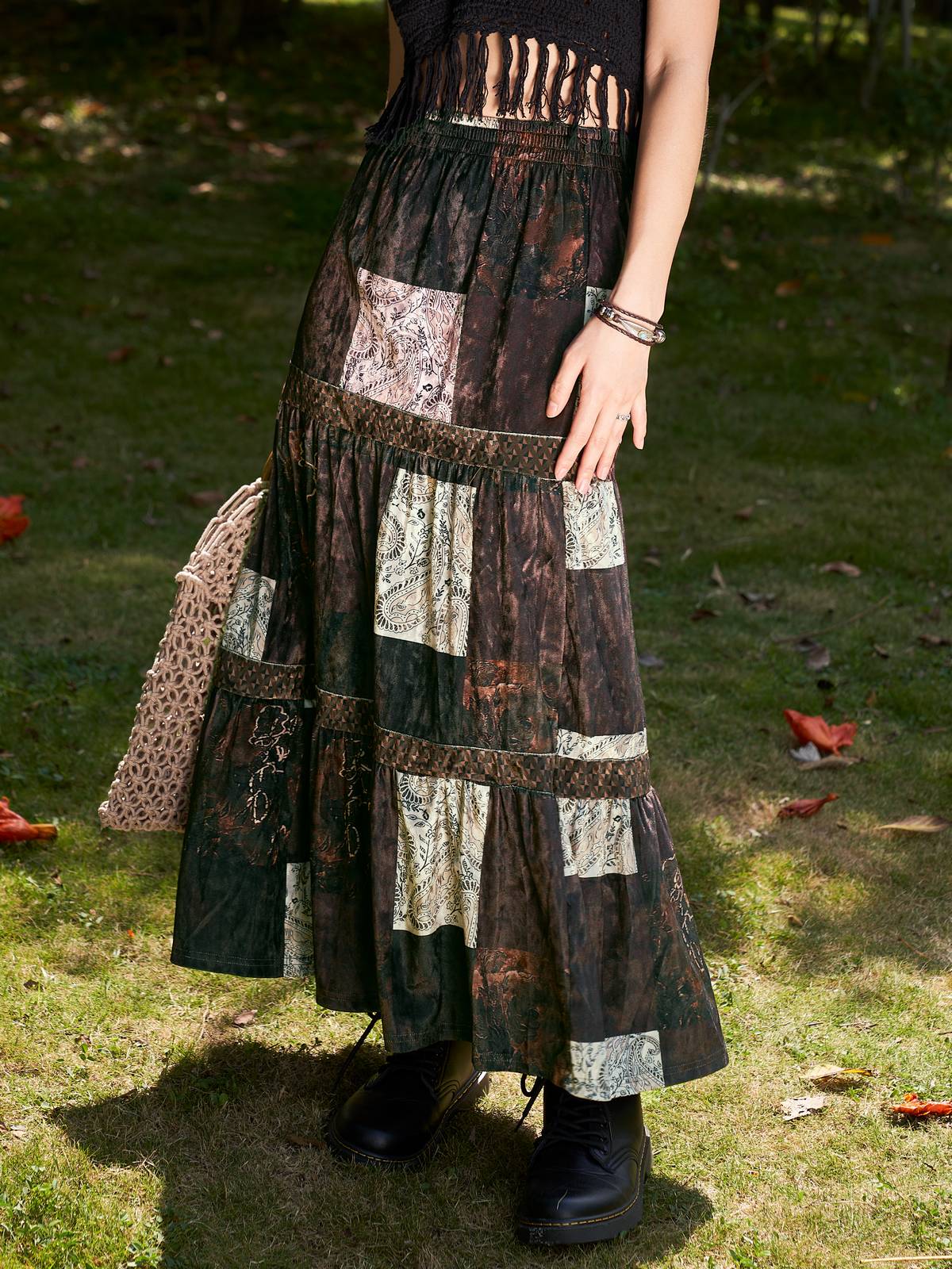 Sixsr Patchwork Velvet Printed Maxi Skirt