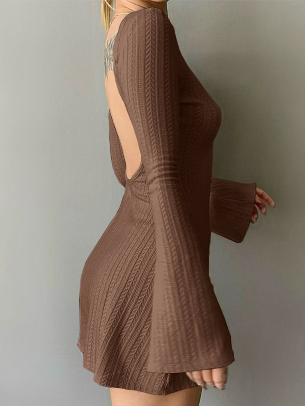 Sixsr Backless Knitted Long Sleeve Mini Dress