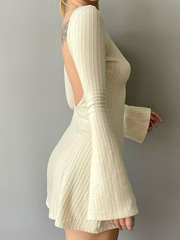 Sixsr Backless Knitted Long Sleeve Mini Dress