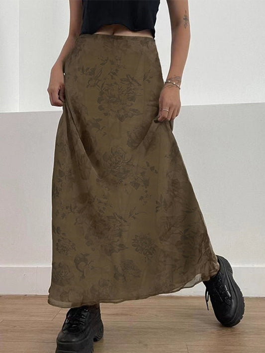 Sixsr Vintage Mesh Floral Brown Maxi Skirt