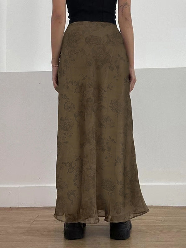 Sixsr Vintage Mesh Floral Brown Maxi Skirt