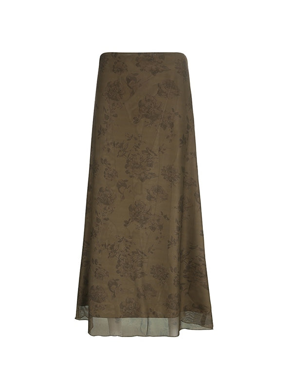 Sixsr Vintage Mesh Floral Brown Maxi Skirt